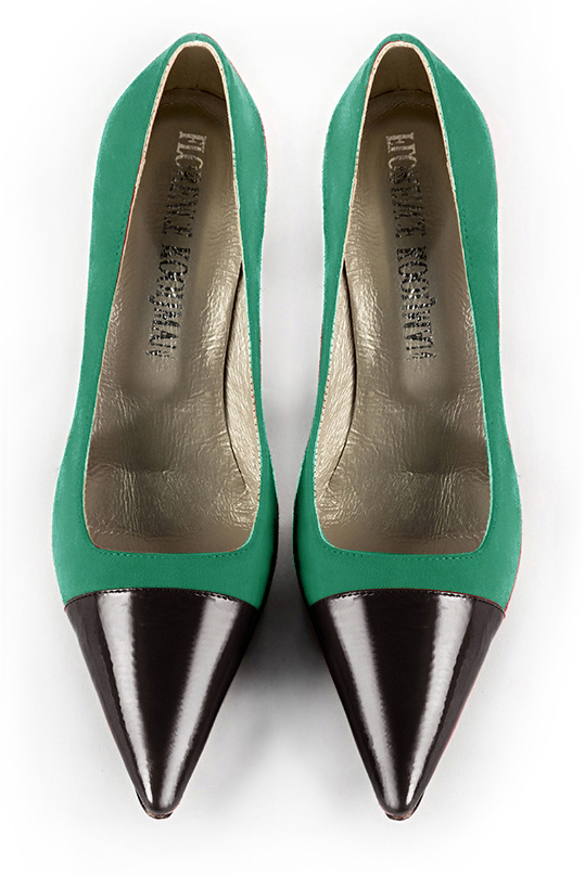 Gloss black and emerald green women's dress pumps,with a square neckline. Pointed toe. High slim heel. Top view - Florence KOOIJMAN
